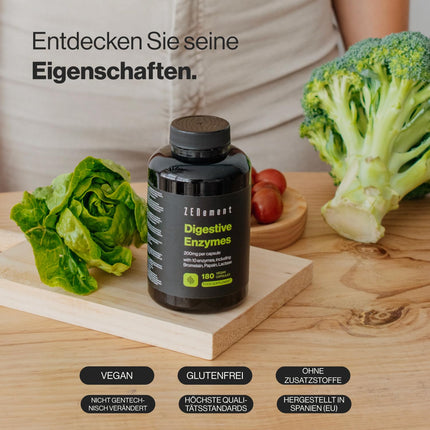 Gremošanas enzīmi - 10 enzīmi, tostarp bromelaīns un papaīns, augsta koncentrācija - 200 mg vienā kapsulā - 180 vegānas kapsulas - piemērotas visām diētām - bez piedevām, bez glutēna