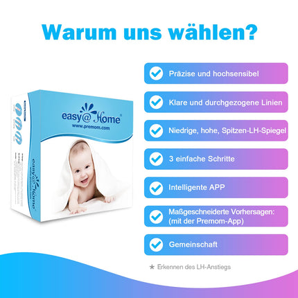 Easy@Home auglības tests 50 ovulācijas testi auglības testi ovulācijai – atbalsta bezmaksas Premom Ovulation lietotne, 50 LH testi
