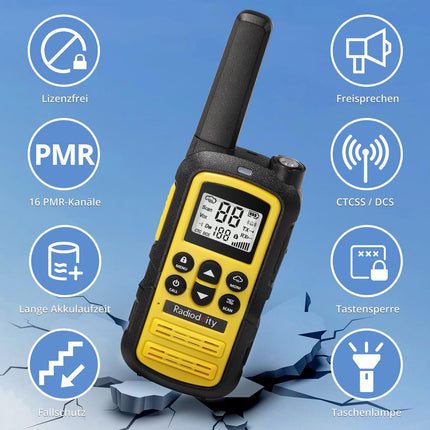 Radioddity PR-T6 rācija PMR446 bezlicencīga divvirzienu rācija pieaugušajiem un bērniem, uzlādējama rācija ar VOX, USB-C uzlāde, lukturītis, austiņas kempingam un pārgājieniem, 2 iepakojumi, dzeltena