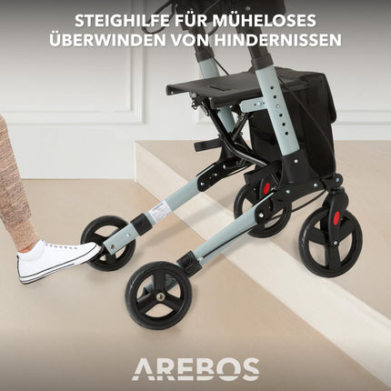 Arebos vieglais alumīnija rollators | Ceļojuma rollators ar 6 augstuma regulēšanu | Salokāms | Iekļauts spieķa turētājs un noņemama iepirkumu soma | Staigāšanas rāmis ar bloķēšanas funkciju | Melns