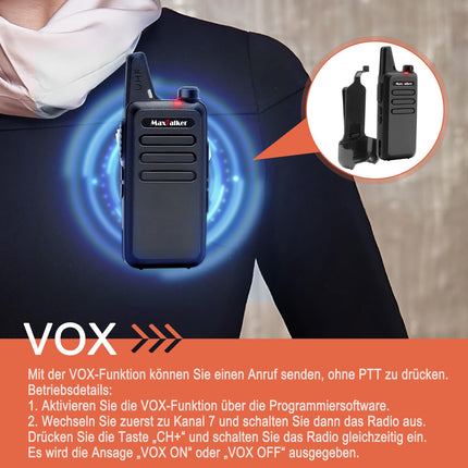 MaxTalker MT1 uzlādējama rācija pieaugušajiem un bērniem, VOX rācija ar 1200mAh litija jonu akumulatoru, USB lādētāju un austiņām. Rācijas lietošanai ārpus telpām, kempingam, pārgājieniem, 4 gabalu komplekts.