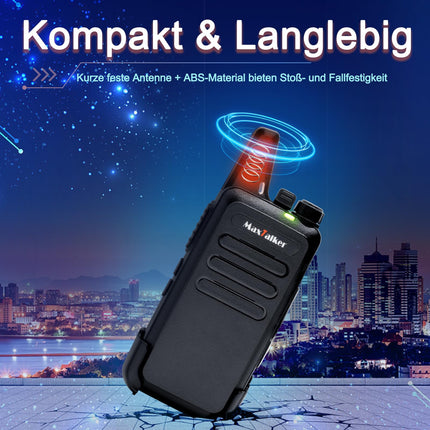 MaxTalker MT1 uzlādējama rācija pieaugušajiem un bērniem, VOX rācija ar 1200mAh litija jonu akumulatoru, USB lādētāju un austiņām. Rācijas lietošanai ārpus telpām, kempingam, pārgājieniem, 4 gabalu komplekts.