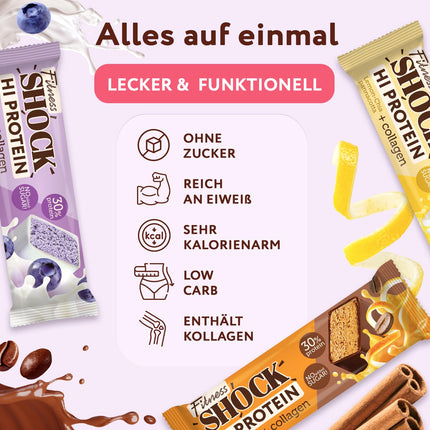 FitnesSHOCK proteīna batoniņu komplekts, miksēšanas kaste ar augstu 30% 12g proteīna saturu. Proteīna batoniņš bez pievienota cukura ar 5g kolagēna, zems ogļhidrātu saturs, augsts šķiedrvielu saturs, zems kaloriju saturs, 12gab. 40g.