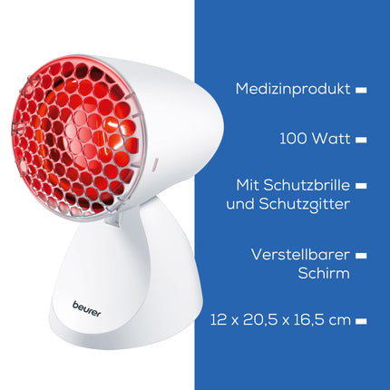 Beurer IL 11 infrasarkanā lampa ar aizsargrežģi, medicīniska ierīce ar nomierinošu siltumu lietošanai saaukstēšanās un muskuļu sasprindzinājuma gadījumos, 5 slīpuma līmeņi, ieskaitot aizsargbrilles, balta
