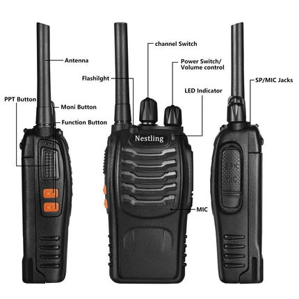 Nestling radio komplekts, rācija ar 16 kanāliem abos virzienos, rokas radio ar iebūvētu LED lukturīti, USB savienojumu un austiņām (2 gab. komplektā)