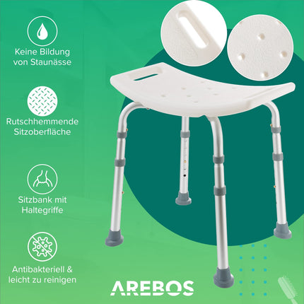 Arebos dušas krēsls | Regulējams augstums | alumīnija rāmis | Neslīdošas gumijas kājiņas | Sēdeklis ar drošības rokturiem | Dušas palīglīdzeklis | Dušas krēsls | Dušas sēdeklis | vannas istabas krēsls | Vannas sēdeklis | senioriem