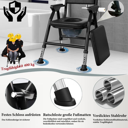 NJUN tualetes krēsls senioriem, dušas krēsls ar regulējamu augstumu, saliekams dušas krēsls, tualetes krēsls ar polsterētu sēdekli un tualetes spaini, stabils un ērts, kravnesība 400 kg