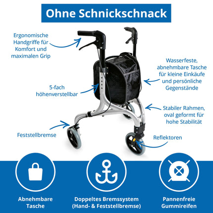 Weinberger alumīnija rollators ar 3 riteņiem, salokāms, ar noņemamu somu, plāns, viegls un manevrējams, stabils, tikai 4,2 kg, krāsa: sudraba, modelis: 02217