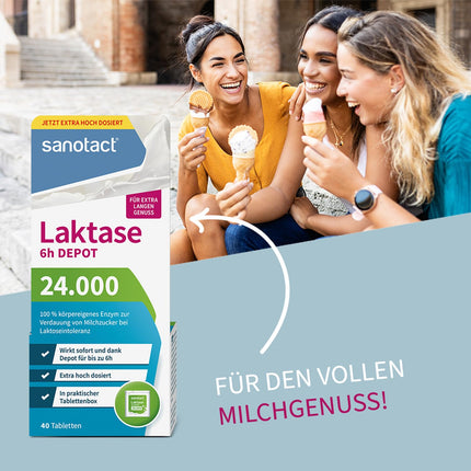 sanotact Lactase 24,000 6h DEPOT (40 laktāzes tabletes) • Laktozes tabletes ar depo efektu • Laktozes nepanesības un piena nepanesības gadījumā • Tūlītēja iedarbība un 6 stundu ilgstoša depo iedarbība