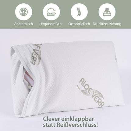 MaxxGoods ortopēdisks plakans spilvens, kas izgatavots no viskozā gēla putām + iekļauts. Kokvilnas pārvalks + alvejas aizsargapvalks - kakla atbalsta spilvens kakla mugurkaula atbalstam - spilvens zīdaiņiem un bērniem (50x30x5cm)