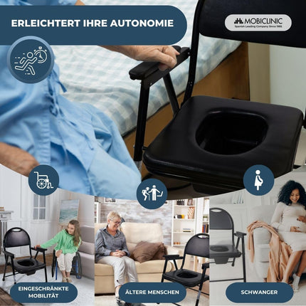 Mobiclinic, tualetes krēsls, Guadalquivir, Eiropas zīmols, tualetes poda sēdeklis vecāka gadagājuma cilvēkiem un cilvēkiem ar invaliditāti, tualetes poda sēdeklis, neslīdošs, salokāms, hromēts tērauds, viegls, melns