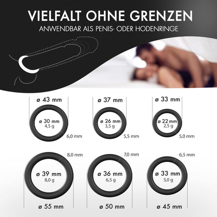 Liebesfreunde® Deluxe dzimumlocekļa gredzenu komplekts - 6 elastīgi dzimumlocekļa gredzeni stingrākai erekcijai, dzimumlocekļa un sēklinieku gredzeni vīriešiem - ideāli pieguļ, seksa rotaļlieta pāriem, melna