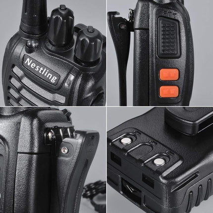 Nestling radio komplekts, rācija ar 16 kanāliem abos virzienos, rokas radio ar iebūvētu LED lukturīti, USB savienojumu un austiņām (2 gab. komplektā)