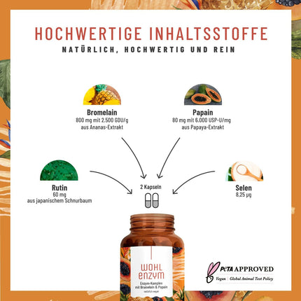 Wohlenzym enzīmu komplekss ar 800 mg bromelaīna (5000 FIP), papaīnu, rutīnu - ananāsu un papaijas vegānisks enzīms - imūnsistēmas* atbalsts - kuņģa sulu izturīgas kapsulas no NATURTREU®