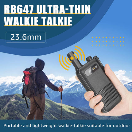 Retevis RB647 PMR446 rācija, ūdensizturīgs IP67 mini divvirzienu radio ar 16 kanāliem, avārijas trauksmes signāls, VOX rācijas pieaugušajiem, pārgājieni brīvā dabā (melnas, 1 iepakojums)