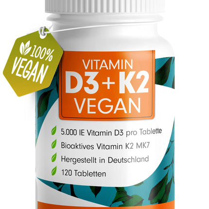 VEGĀNS D3 K2 vitamīns - 120 tabletes ar 5000 SV D3 + 200 mcg K2 (MK7) - D3 vitamīns lielās devās un vegāns - pietiek 19 mēnešiem - laboratoriski pārbaudīts ar sertifikātu - bez nevēlamām piedevām