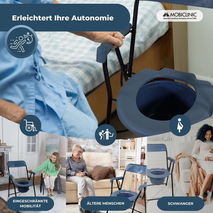 Mobiclinic®, Kloze senioriem, Eiropas zīmols, Salokāms tualetes pods, Ergonomisks ar roku balstiem, Vāks ar spaiņa formu, Izturīgs, Līdz 100 kg, Modelis timón