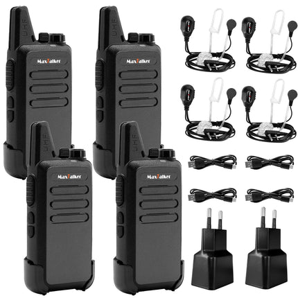 MaxTalker MT1 uzlādējama rācija pieaugušajiem un bērniem, VOX rācija ar 1200mAh litija jonu akumulatoru, USB lādētāju un austiņām. Rācijas lietošanai ārpus telpām, kempingam, pārgājieniem, 4 gabalu komplekts.