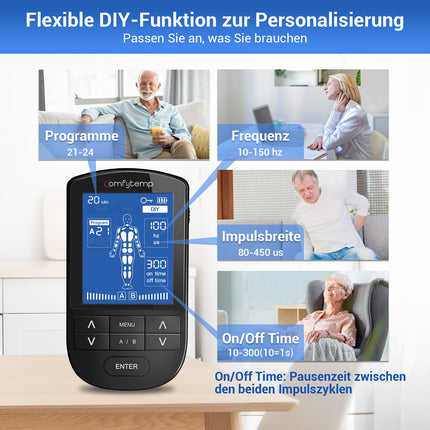 Comfytemp 4 kanālu 8 elektrodu TENS/EMS/DIY ierīce sāpju terapijai ar 24 režīmiem, masāža rokām, kājām, mugurai, pleciem, kaklam ar 10 elektrodu spilventiņiem K6106