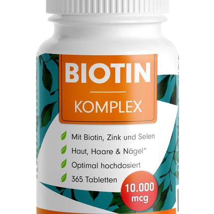 Biotīns lielā devā 10 000 mcg - 365 biotīna tabletes ar cinku un selēnu - augstas kvalitātes komplekss matu augšanai, ādai un nagiem - laboratoriski pārbaudīts ar sertifikātu - 100% vegāns - 1 gada piegādes iepakojums