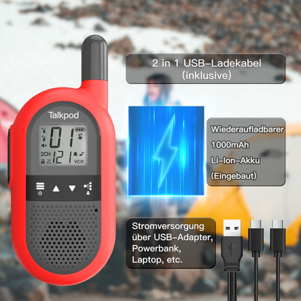 Talkpod F40 rācija bērniem, pieaugušajiem, liela darbības rādiusa radio, 16 kanālu rācija, uzlādējama ar litija jonu akumulatoru, C tipa uzlādes kabelis mājas ballītēm, riteņbraukšanai, kempingam, pārgājieniem un piedzīvojumiem