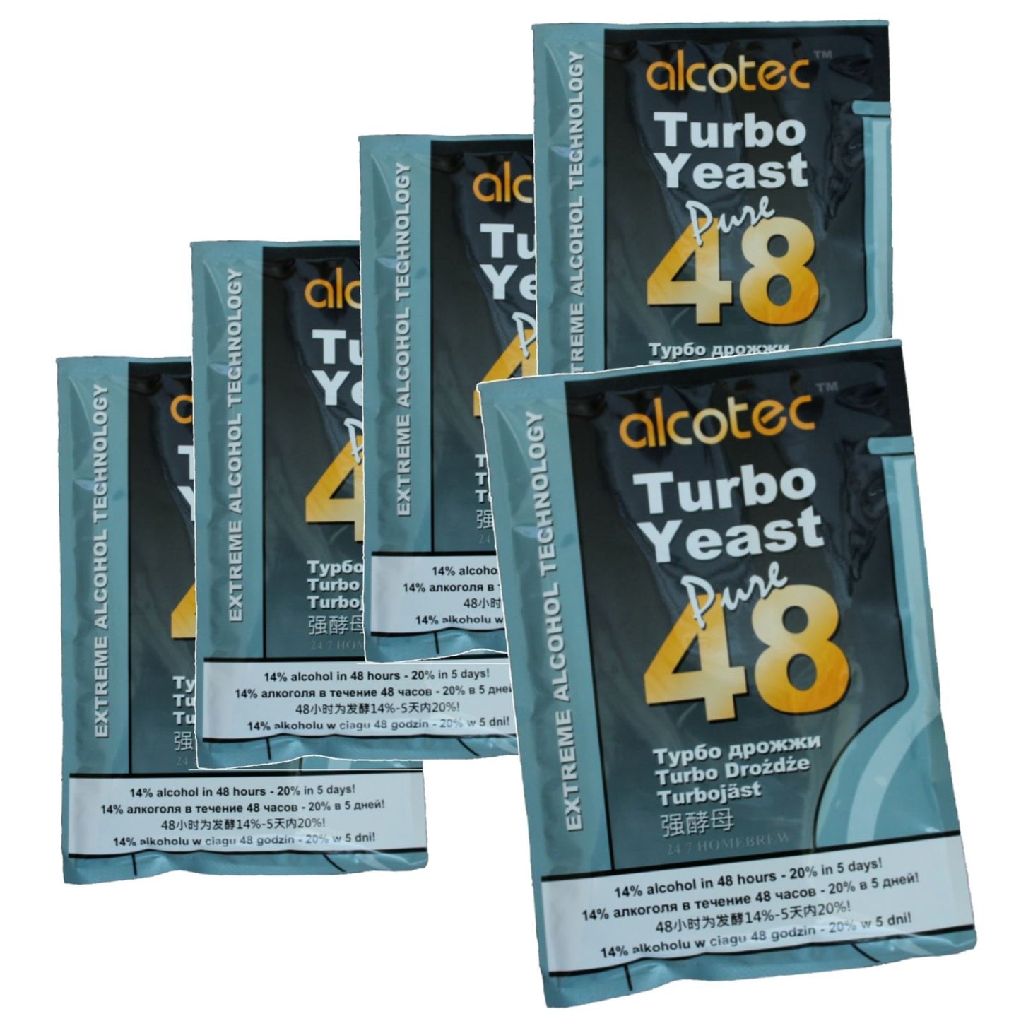 5x Alcotec 48 Pure Turbo Super Yeast paciņas ar augstu alkohola saturu 20% mājās brūvēts degvīns