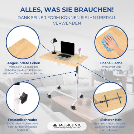 Mobiclinic, Gultas vai dīvāna sānu galdiņš pieaugušajiem un cilvēkiem ar invaliditāti, Ar riteņiem, Viegls, Pārnēsājams, Regulējams augstumā, Regulējams, Kafijas galdiņš
