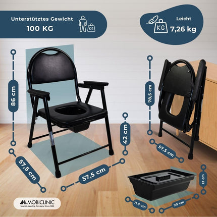 Mobiclinic, tualetes krēsls, Guadalquivir, Eiropas zīmols, tualetes poda sēdeklis vecāka gadagājuma cilvēkiem un cilvēkiem ar invaliditāti, tualetes poda sēdeklis, neslīdošs, salokāms, hromēts tērauds, viegls, melns