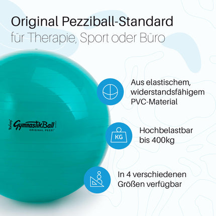 PEZZI - vingrošanas bumba Original Pezziball Standard 65cm Ø – Sēdekļa bumba terapijai, sportam un birojam – Universāla treniņu bumba, kas izgatavota no izturīga PVC, celtspēja līdz 400 kg – Zaļa
