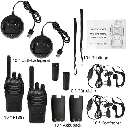 Rācija PMR446 bezlicencēts divvirzienu rācija, Pofung PT88E 16 kanāli Profesionāla uzlādējama liela darbības rādiusa rācija ar USB uzlādes staciju un austiņām, melna, 10 gab. iepakojumā