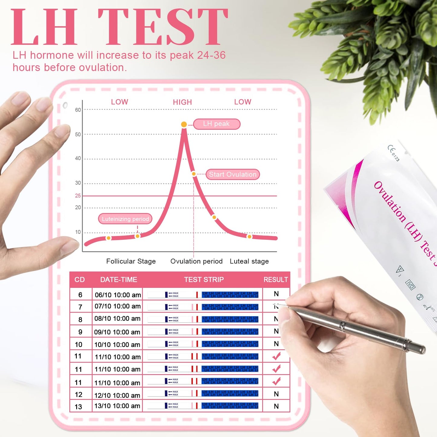 50 ovulācijas testa strēmeles, auglības tests sievietēm, optimāla jutība 25 mIU/ml, precīza ovulācijas testa izsekošana, ātri un precīzi rezultāti