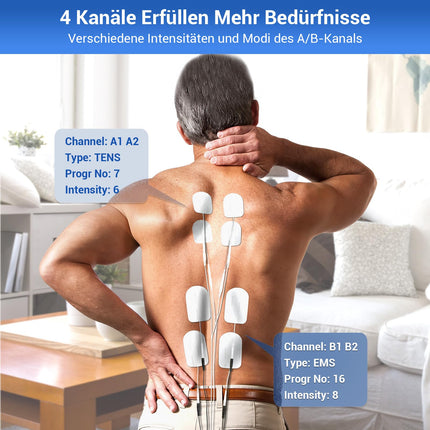 Comfytemp 4 kanālu 8 elektrodu TENS/EMS/DIY ierīce sāpju terapijai ar 24 režīmiem, masāža rokām, kājām, mugurai, pleciem, kaklam ar 10 elektrodu spilventiņiem K6106