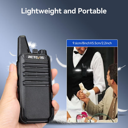 Retevis RT622 Walkie Talkie Mini, PMR446 profesionāls divvirzienu rācijas tālrunis tālsatiksmes sakariem, VOX, uzlādējams automašīnas rācijas tālrunis pieaugušajiem, kempingam (melns, 1 pāris)