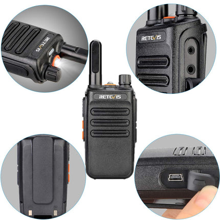 Retevis RB635 divvirzienu rācija profesionālai lietošanai, LED lukturītis PMR446, bezlicences 16 kanāli, divvirzienu rācijas komplekts, VOX, uzlādējama USB rācija mazumtirdzniecībai, hostelim (melns, 4 gab. iepakojumā)