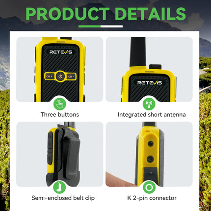 Retevis RT15 rācija pieaugušajiem, PMR446 divvirzienu rācijas, brīvroku VOX, mini, 1000 mAh litija jonu akumulators, rācija kempingam, skolai, mājas spēlēm, atvaļinājumam (zaļa un dzeltena, 1 pāris)