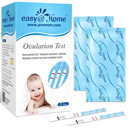 Easy@Home 25 ovulācijas tests. Auglības tests sievietēm. Ovulācija 25 mSV/ml, uzticama cikla un auglības uzraudzība ar Premom ovulācijas lietotni, 25 LH tests.