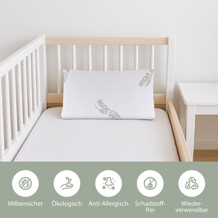 MaxxGoods ortopēdisks plakans spilvens, kas izgatavots no viskozā gēla putām + iekļauts. Kokvilnas pārvalks + alvejas aizsargapvalks - kakla atbalsta spilvens kakla mugurkaula atbalstam - spilvens zīdaiņiem un bērniem (50x30x5cm)