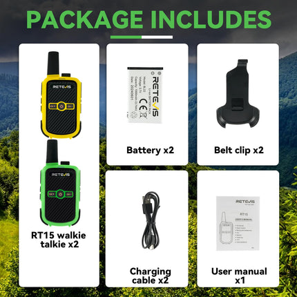 Retevis RT15 rācija pieaugušajiem, PMR446 divvirzienu rācijas, brīvroku VOX, mini, 1000 mAh litija jonu akumulators, rācija kempingam, skolai, mājas spēlēm, atvaļinājumam (zaļa un dzeltena, 1 pāris)