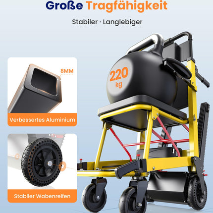 VOCIC AY04 elektriskais kāpšanas ratiņkrēsls, salokāms līdz 220 kg, ar gumijas sliedēm, elektriski kāpšanas palīdzības ratiņkrēsli, kāpņu pacēlājs, medicīniskie nestuves ar LED gaismu senioriem, dzeltens
