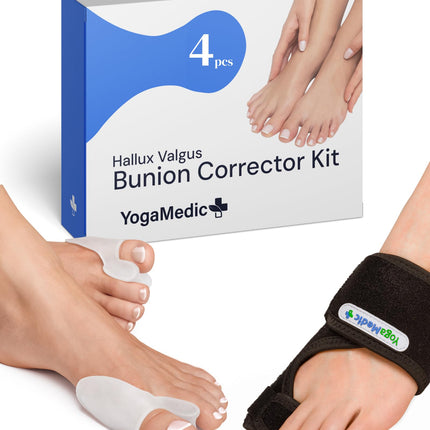 YOGAMEDIC Hallux valgus korekcijas komplekts - 2 pirkstu atdalītāji un 2 Hallux valgus šinas - 0% BPA pirkstu atdalītāja zolītes apaviem, āmurveida pirksta korekcija, pirkstu aizsardzības dienas un nakts pārsējs sievietēm un vīriešiem