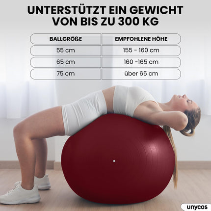 unycos - vingrošanas bumba 75 cm sēdbumba treniņu bumba jogai, fitnesam, medicīnas bumba, līdzsvara bumba, korsetes spēka treniņiem, Pilates bumba | Ieskaitot pumpis, bez BPA, pretplīsuma (tumši rozā ar logotipu)