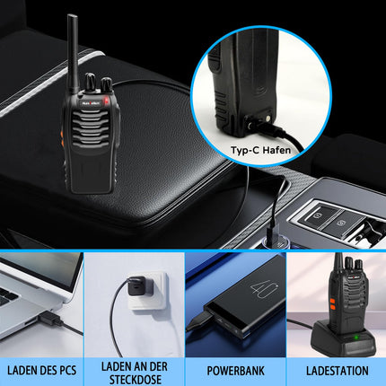 MaxTalker MT-8S uzlādējama rācija pieaugušajiem un bērniem, bezlicencētas PMR446 radioaparāti, 16 kanālu radio uztveršana, ar austiņām un 1500 mAh litija jonu akumulatoru ar C tipa savienotāju, 4 gabalu komplekts
