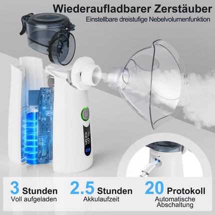 NVKHG inhalators, pārnēsājams kluss inhalators ar digitālo displeju, automātiska atlikumu tīrīšana, uzlādējams USB-C pieaugušajiem un bērniem – pelēks
