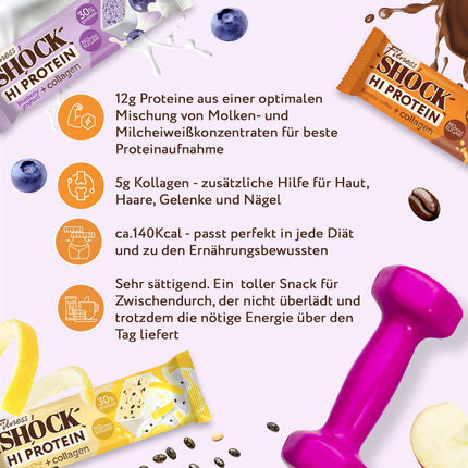 FitnesSHOCK proteīna batoniņu komplekts, miksēšanas kaste ar augstu 30% 12g proteīna saturu. Proteīna batoniņš bez pievienota cukura ar 5g kolagēna, zems ogļhidrātu saturs, augsts šķiedrvielu saturs, zems kaloriju saturs, 12gab. 40g.