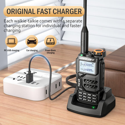 JUCJET UV-K5 pārnēsājamās rācijas, divvirzienu rācija ar oriģinālām austiņām un USB uzlādes staciju, 200 kanālu augstas veiktspējas rācija piedzīvojumiem, āra aktivitātēm, kempingam (melna, 2 iepakojumā)