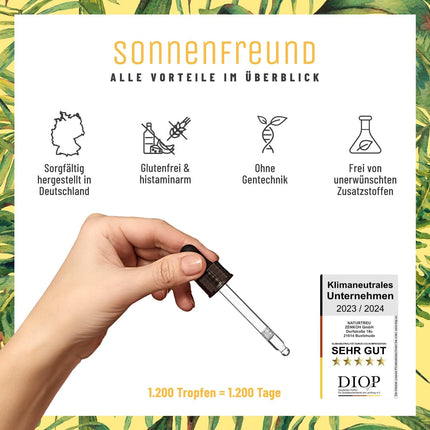 NATURTREU® D3 K2 vitamīna pilieni ar augstu devu un vegānisks sastāvs - 100% augu izcelsmes (bez dzīvnieku izcelsmes lanolīna) - 1000 SV D vitamīns + K2 vitamīns - Saules draugs