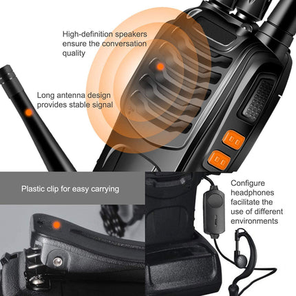 Rācijas PMR446 profesionāls radio komplekts, 16 kanālu uzlādējams rāciju komplekts, pārnēsājams ar austiņām un USB uzlādes staciju sportam brīvā dabā, būvlaukumā (1 pāris, melns)