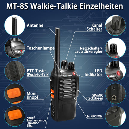 MaxTalker MT-8S uzlādējama rācija pieaugušajiem un bērniem, bezlicencīga PMR446 radio, 16 kanālu radio uztveršana, ar austiņām un 1500mAh litija jonu akumulatoru ar C tipa savienotāju, 2 gabalu komplekts