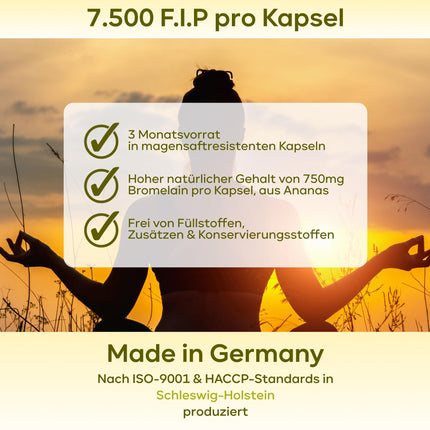 Bromelaīna kapsulas ar 7500 FIP/kapsulu - Augsta bromelaīna deva - 750 mg bromelaīna enzīma no ananasiem - Enzīmu aktivitāte 10 000 FIP/g - 3 mēnešu krājums
