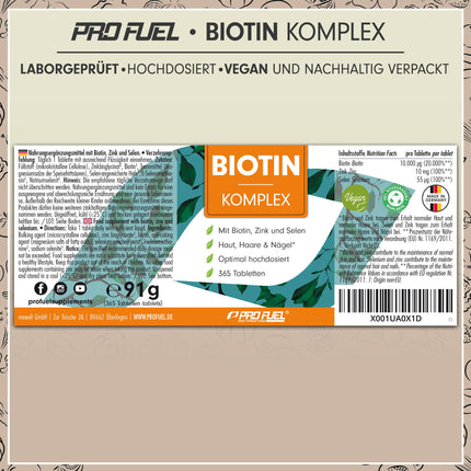 Biotīns lielā devā 10 000 mcg - 365 biotīna tabletes ar cinku un selēnu - augstas kvalitātes komplekss matu augšanai, ādai un nagiem - laboratoriski pārbaudīts ar sertifikātu - 100% vegāns - 1 gada piegādes iepakojums